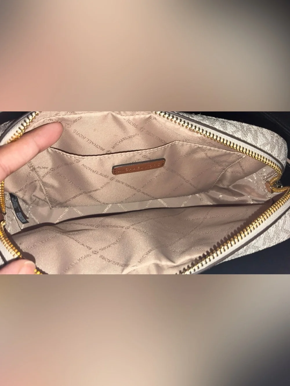 Michael Kors Cream Signature Crossbody with Brown Trim and Gold Chain